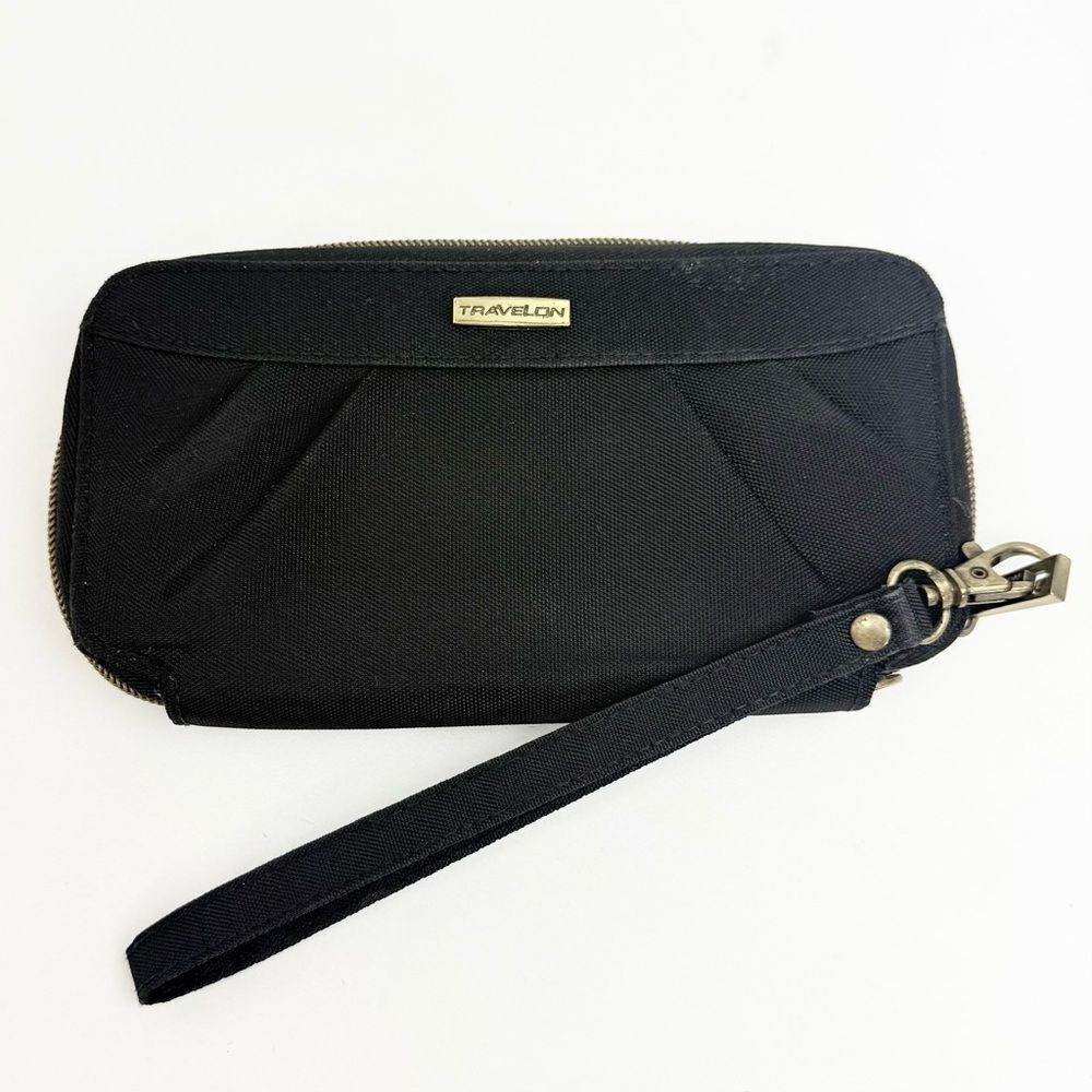 Traveling RFID Blocking Black Nylon Zip Around Wristlet Wallet